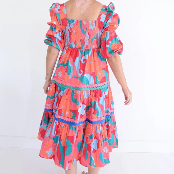 Alden Adair Mia Trippy Boho Red Floral Short Sleeve Midi Dress S NWT - Picture 3 of 14